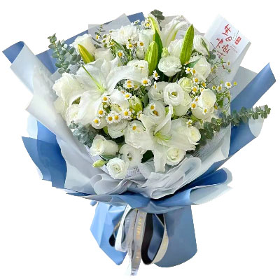 汕尾11朵白玫瑰桔梗百合，爱永恒不息