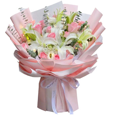 汕尾16朵粉玫瑰百合,感情稳定坚固