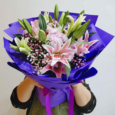 汕尾6支粉色多头百合，真诚的问候